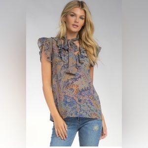 Elan Ruffle Top Tie Neck Tapestry Sleeveless M NWT